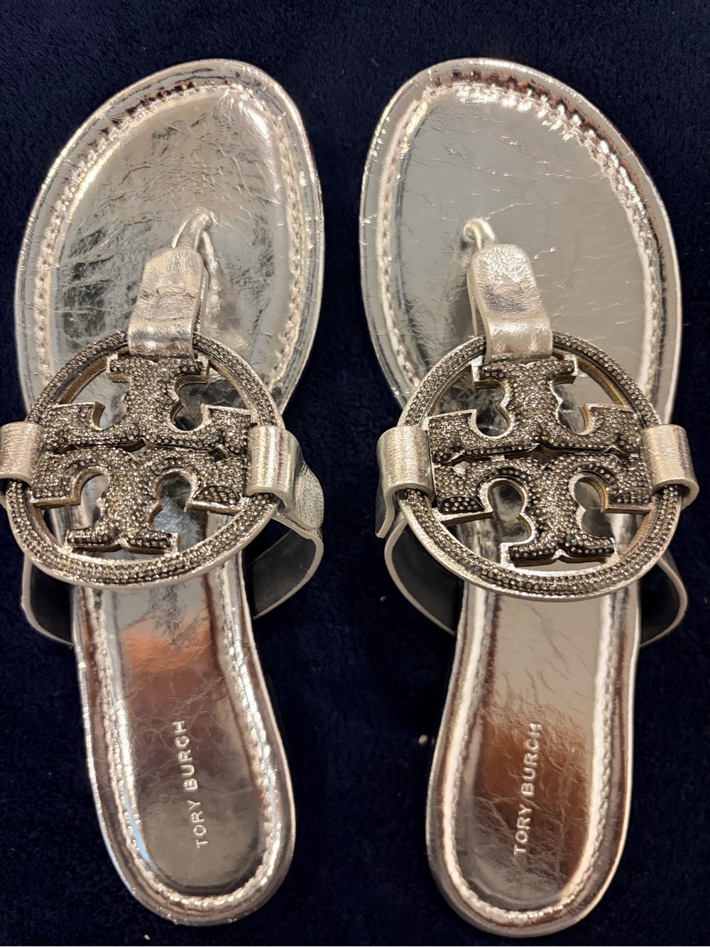 Tory Burch Silver Metallic Logo Thong Sandals